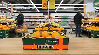 Özler Tarım markalı bir süpermarkette portakallarla dolu oluklu bir tepsi.