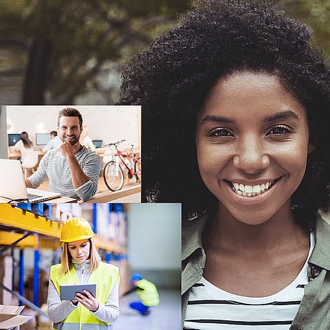 Çeşitli iş ortamlarında çalışan iş adamlarını gösteren bir kolaj, ortasında gülümseyen bir kadın var.