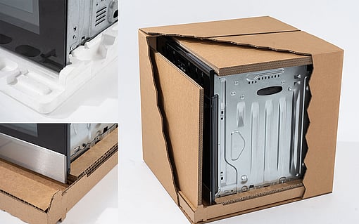 Polistirenin (EPS) yerine oluklu mukavva kullanılan sürdürülebilir bir ambalaj çözümünün görseli.