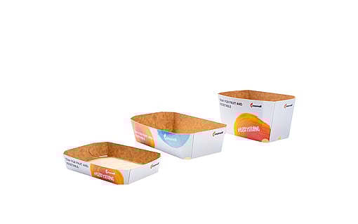 Mondi tarafından üretilen çeşitli boyutlarda sepetler ve küçük tepsiler.