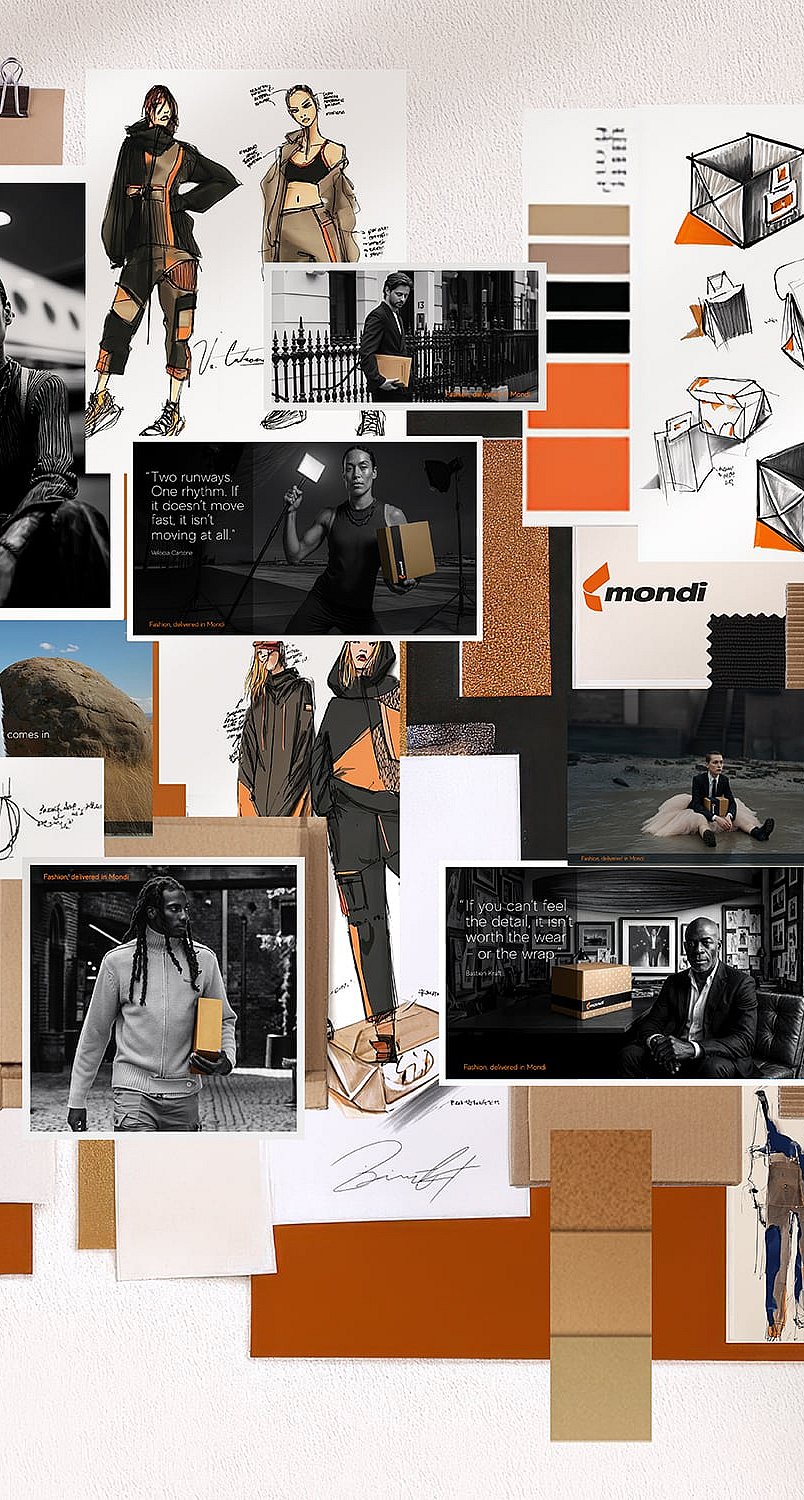 Mondi Fashionverse'i temsil eden moda görsellerinden oluşan bir kolaj.