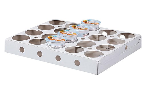 Yoğurt ambalajı için tasarlanmış oluklu tepsi.