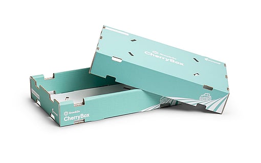 A turquoise Mondi branded cherry box