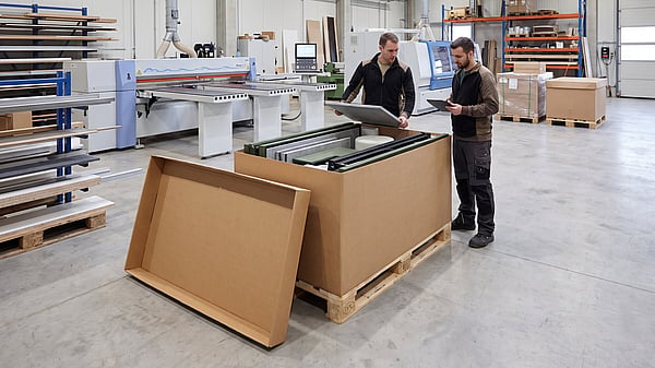 two men in a factory setting looking at a large packaged item