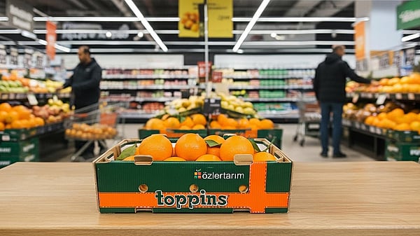 Özler Tarım markalı bir süpermarkette portakallarla dolu oluklu bir tepsi.